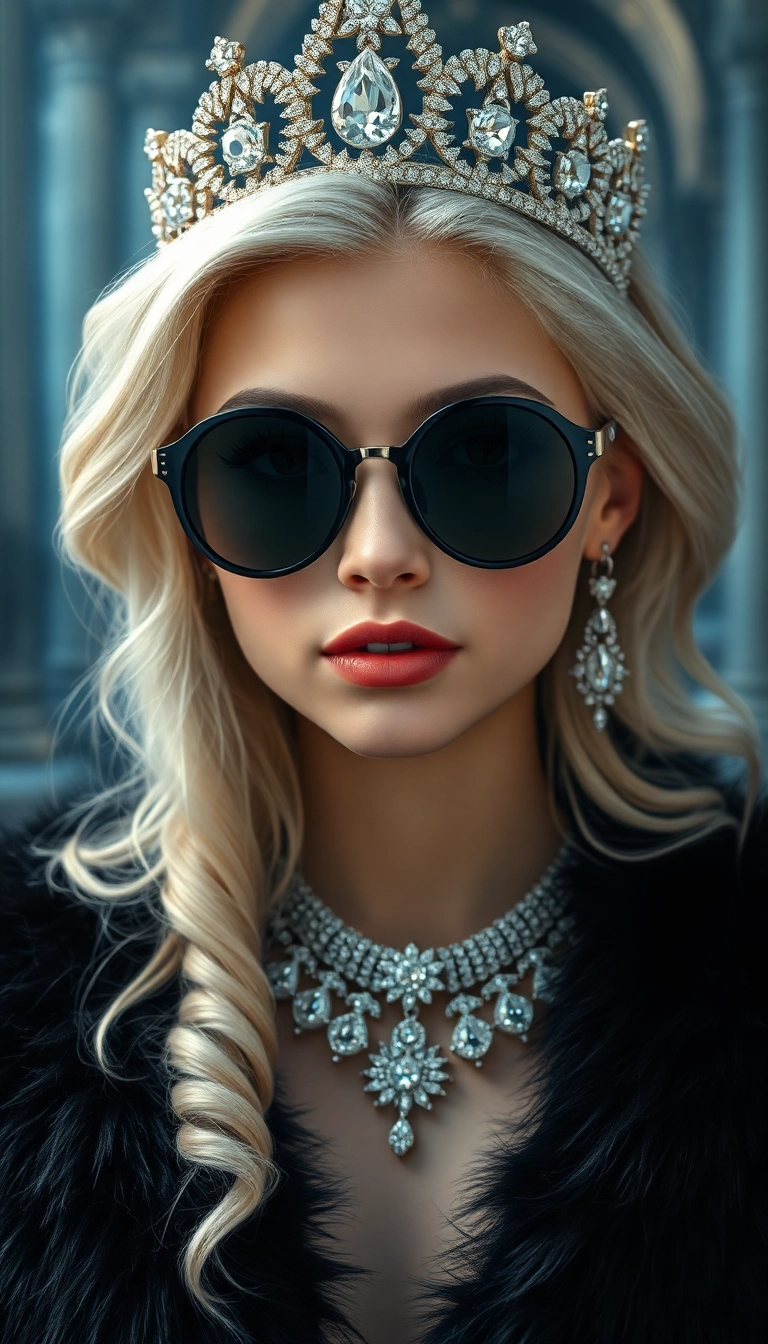 iPhone Young Platinum Blonde Queen in Black Fur Photogenic Background Copyright-Free Photo